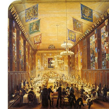 Watercolour of the Livery Hall in the fourth Clothworkers’ Hall, during dinner, by P.W. Justyne, 1857 [CLC/DR/039/2]